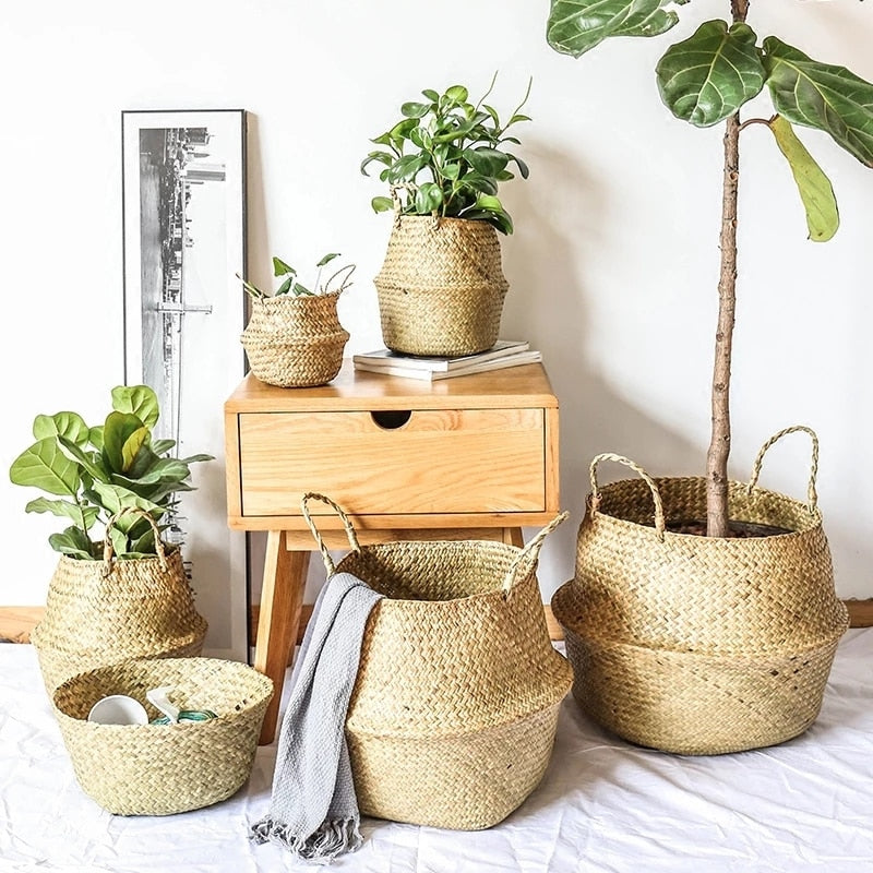 Cesta organizadora de juguetes, cesta de almacenamiento de algas de ratán plegable, cesta tejida para la colar, maceta para plantas y flores para el jardín