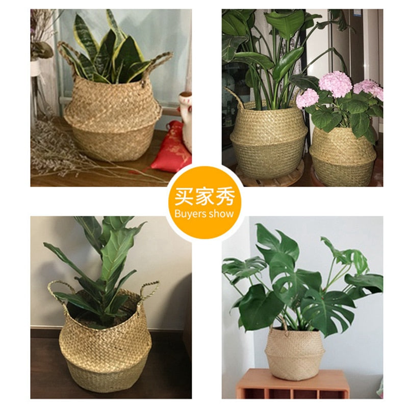 Cesta organizadora de juguetes, cesta de almacenamiento de algas de ratán plegable, cesta tejida para la colar, maceta para plantas y flores para el jardín