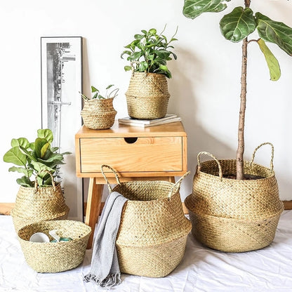 Cesta organizadora de juguetes, cesta de almacenamiento de algas de ratán plegable, cesta tejida para la colar, maceta para plantas y flores para el jardín