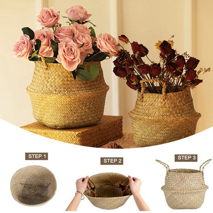 Cesta organizadora de juguetes, cesta de almacenamiento de algas de ratán plegable, cesta tejida para la colar, maceta para plantas y flores para el jardín